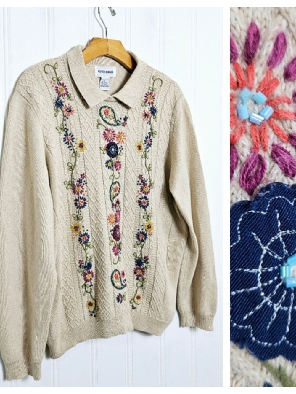 Vintage Alfred Dunner Sweater XL Floral Embroidered Cable Knit Grandmacore Polo